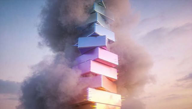 Futuristic spiral modular tower through smoke with reflective metal and neon glitch streaks