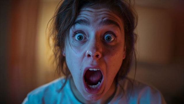 Intense close-up of shocked young woman screaming with wide eyes in dimly lit bedroom