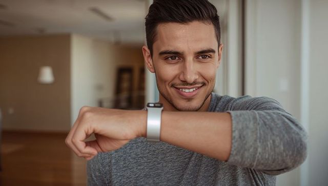 Smiling man wearing smartwatch and checking wearable while standing by window in apartment