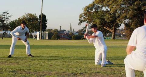 Diverse men playing cricket in suburban park at golden hour, batsman preparing to hit