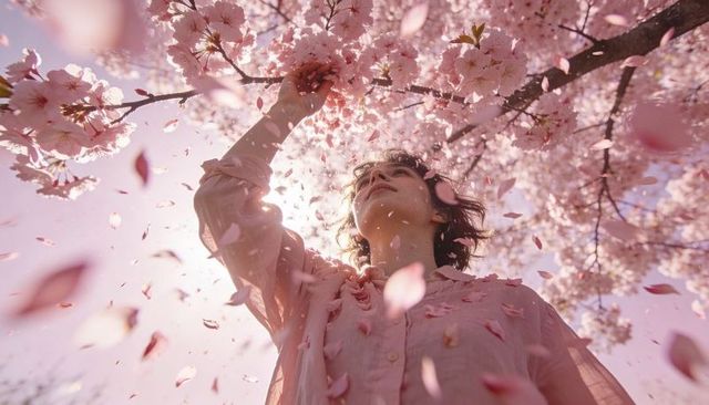 Standing woman reaching cherry blossom branch under pink sakura tree with drifting petals