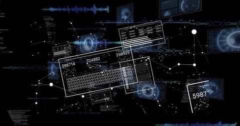 Translucent ui panes and wireframe keyboard visualizing virtual data network and analytics