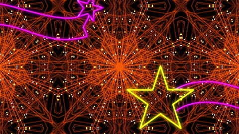 Dynamic Neon Stars with Kaleidoscope Patterns on Black