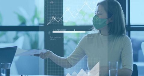 Masked professional handing document during business meeting with digital chart overlays