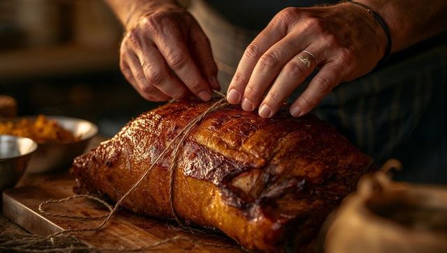 Tying butcher's twine around glazed roast on wooden board closeup hands preparing meat
