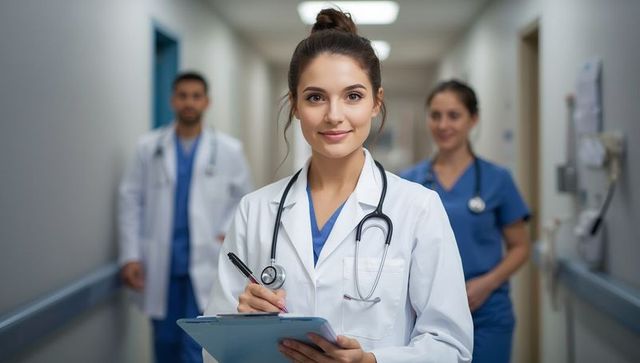 Female Doctor with Clipboard Amid Hospital Work Excitement