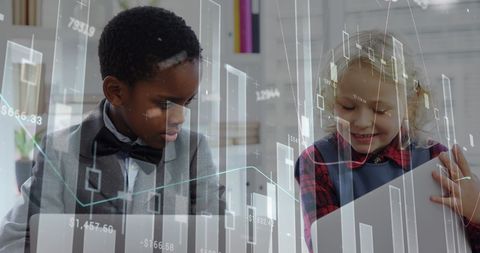 Children analyzing financial data in modern office