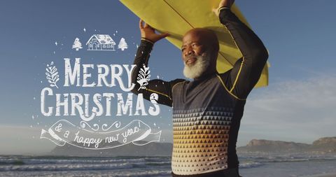 Joyful African American Man on Ocean Beach Holding Surfboard