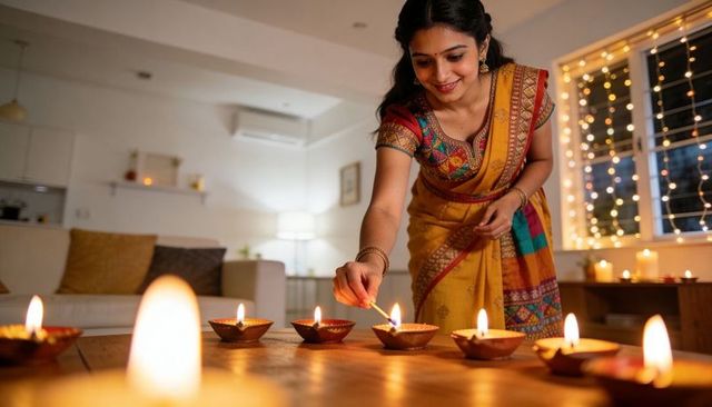 Indian woman lighting clay diyas in mustard saree for diwali home celebration
