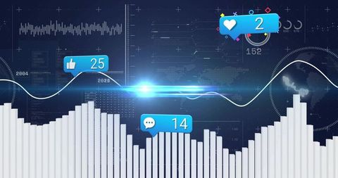 Holographic Social Media Analytics Dashboard with Engagement Badges, Bar Chart, Waveform