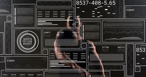 Shirtless man scanning translucent futuristic data dashboards in reflection, high-contrast