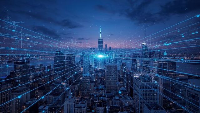 Futuristic Metropolis with Illuminated Digital Network and Tower