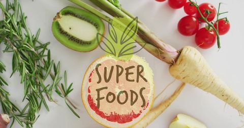 Superfoods Concept with Fresh Fruits and Vegetables on White Background