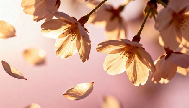 Backlit sakura blossoms glowing and falling in soft pink spring light