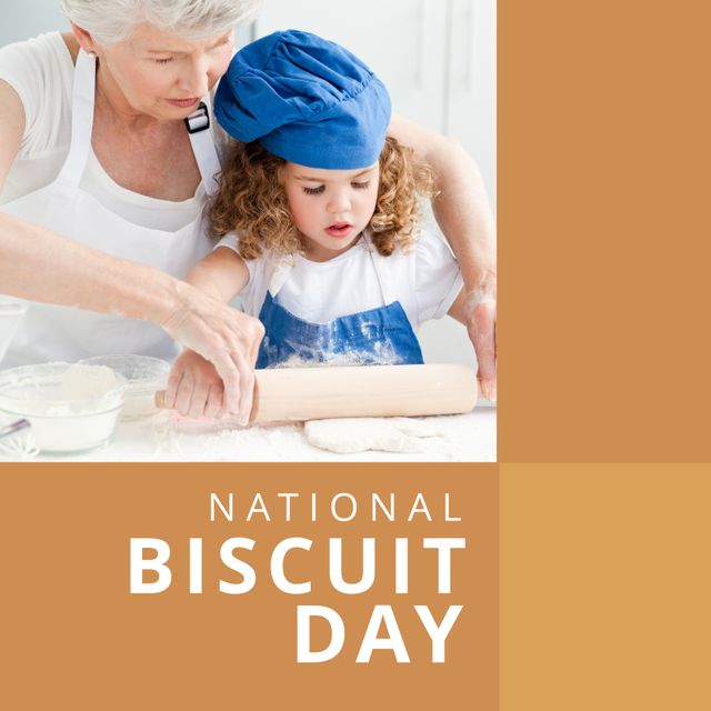 Caucasian grandmother and granddaughter rolling dough on kitchen counter. Both wearing aprons and involved in baking activity, showcasing close family bond. Perfect for family celebrations, baking related content, National Biscuit Day promotions, advertising kitchenware or family-friendly content.