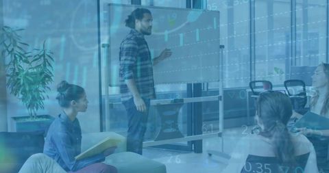 Team Meeting on Finance Strategies with Digital Analysis Overlay