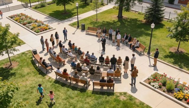 Community leader delivering outdoor speech to business-casual audience in urban courtyard