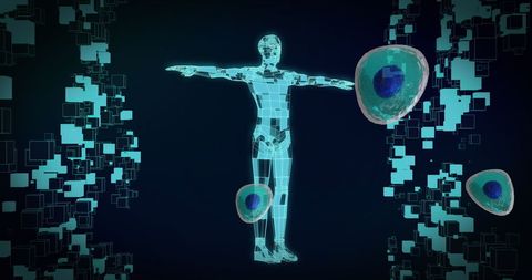 This illustration of a digital human surrounded by floating cells represents innovation in medicine and technology. Useful for concepts related to futuristic healthcare, biotechnology, and virtual reality applications in science. Ideal for websites, presentations, or publications focusing on advances in digital interfaces and biomedical technology.