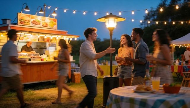 Friends chatting at evening food truck festival under string lights and warm lamp glow