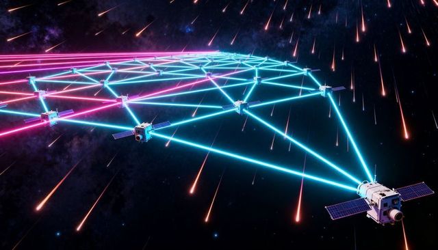 Satellites linking neon mesh network across space with cyan and magenta laser beams