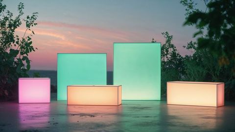 Colorful glowing rectangular light boxes in serene dusk setting