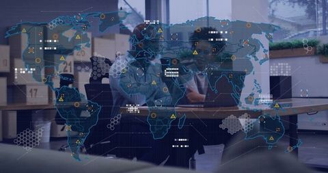 Office colleagues analyzing global data on digital map interface