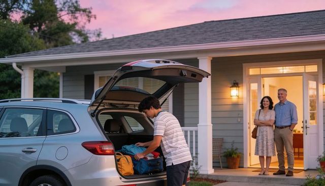 Teen packing suv trunk at dusk with parents watching on porch lighted suburban farewell