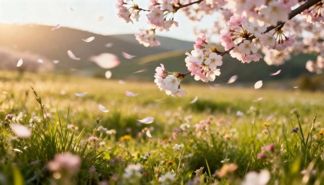 Sunlit Cherry Blossoms Drifting Petals Over Wildflower Meadow During Golden Hour