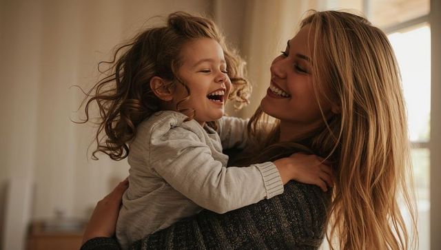 Joyful mother holding laughing daughter in warm natural light during tender family bonding