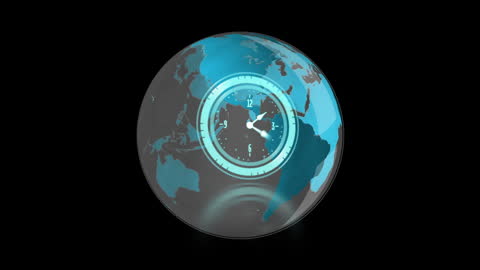 Neon Clock Overlay on Rotating Globe in Darkness