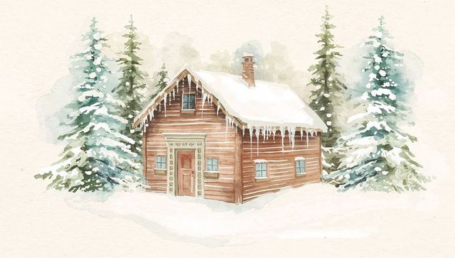 Snowy Log Cabin with Icicles and Pine Trees Watercolor Painting for Winter Holiday Design