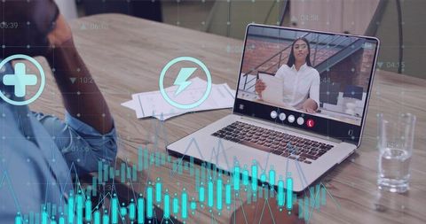 Remote business presentation with woman on laptop speaking to colleague and digital data overlays