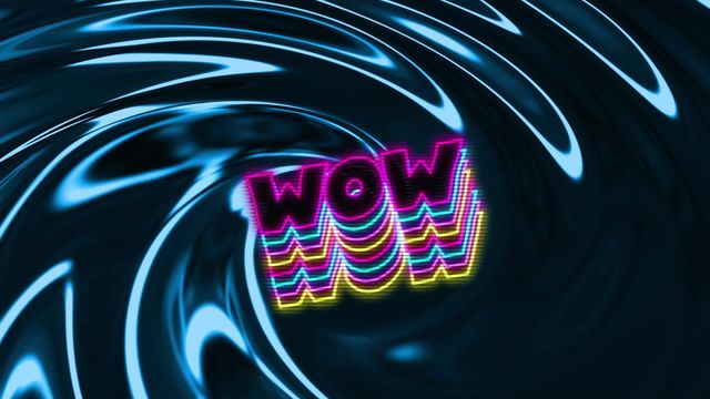 Bright neon 'wow' text glowing vibrantly, placed over a dynamic blue swirling liquid pattern. Ideal for digital interfaces, retro-themed designs, eye-catching advertisements, video game elements, futuristic backdrops, or artistic online content.