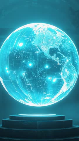 Rotating Holographic Globe Hovering Above Lab Base with Pulsing Data Nodes