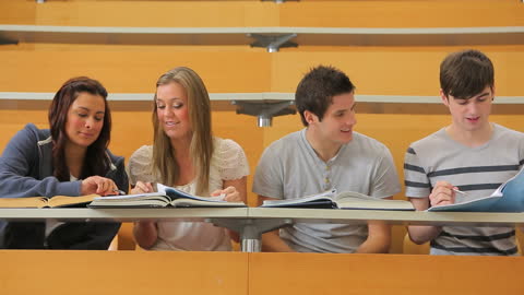 Diverse Group of University Students Collaborating in Lecture Hall