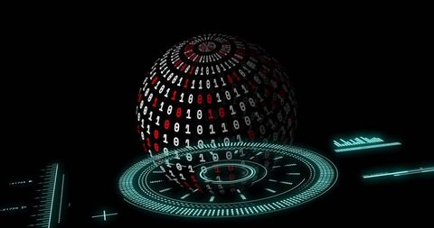 Rotating binary data orb descending over neon hud scanning interface cyberpunk futuristic