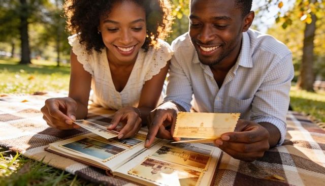 Couple reminiscing over vintage photo album on plaid picnic blanket in sunlit park