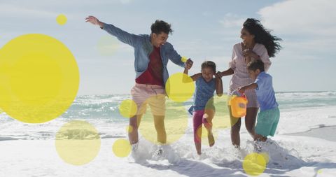 Family Enjoying Fun Day at Sunlit Beach and Splashing Water