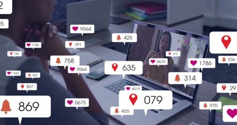 Remote presenter on laptop with floating notification badges for virtual meeting and teamwork