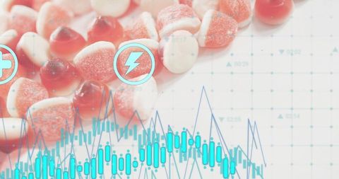 Red and white sugar-coated gummy candies overlaid with teal analytics charts for packaging