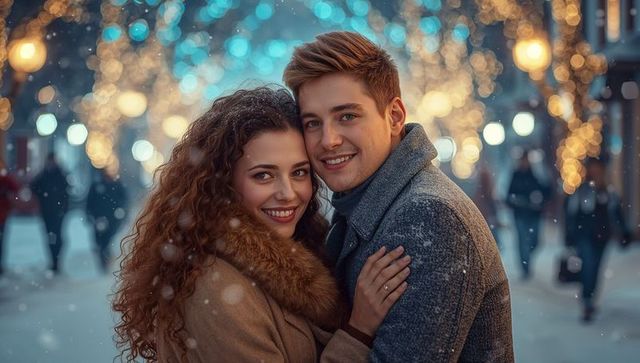 Romantic Couple Embracing in Snowy Holiday Street Scene