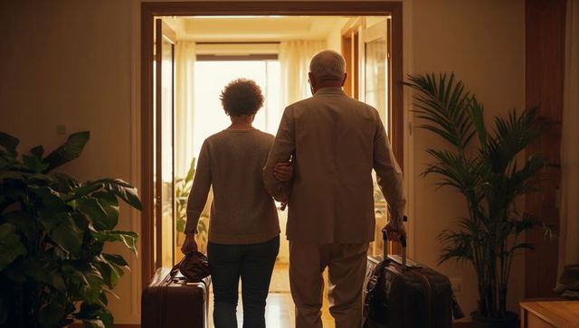 Senior couple walking arm in arm carrying suitcases into sunlit doorway returning home