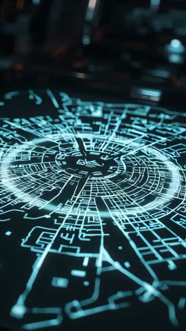 Vertical tech interface displaying pulsing holographic city grid projection on console