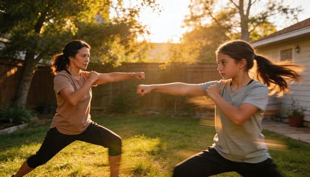 Mother and daughter practicing martial arts sparring in sunlit backyard fitness training
