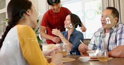 Family Sharing Casual Dinner at Home with Augmented Reality Sustainability Data Overlays