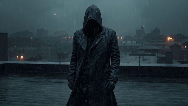 Hooded Figure on Rainy Rooftop Overlooking Cityscape