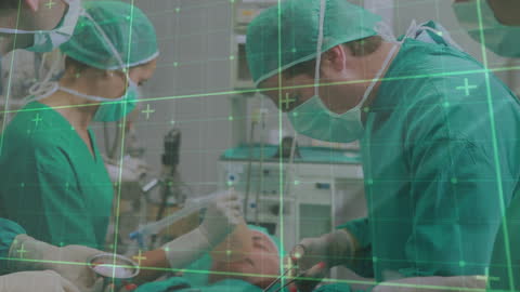 Surgeons Engaged in High-Tech Procedure with Data Overlay