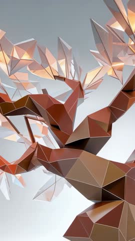Rotating low-poly sculpture revealing glowing peach leaves vertical video for startup branding