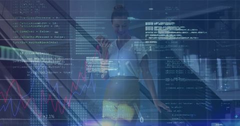 Businesswoman engaged with digital financial data interface