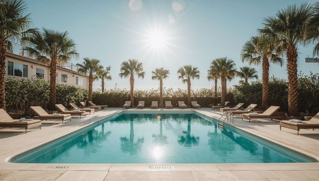 Sunlit resort pool with palm trees and turquoise water, luxury loungers and deck under bright sun